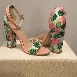 JustFab Floral Printed Sandals with Chunky 3” Heel